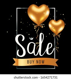 Vector seasonal sale illustration with 3d realistic golden heart shape air balloon in frame and ribbon on black background with text and glitter confetti. Special offer celebrate sale poster design