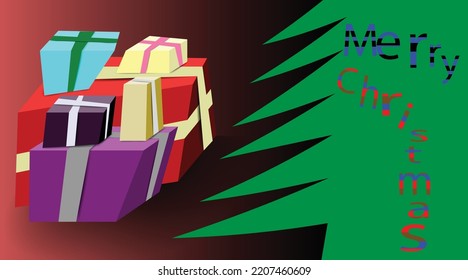 Vector seasonal wallpaper. Christmas gifts together. Simple green silhouette of a Christmas tree. Inscription with colorful letters: "Merry Christmas." Gift boxes, ribbon, greeting, Christmas.