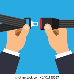 Vector Seat Belt In Hand Isolated On Blue Background. Click It Concept. Safety Equipment For Car And Plane. 