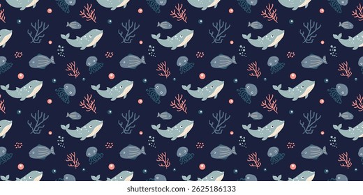 Vector sea-themed repeat pattern with cartoon whales, shells, coral reefs, and jellyfish. Designed for nursery decor, clothing, and digital backgrounds