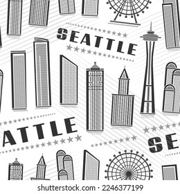Vector Seattle Seamless Pattern  square repeat background and illustration famous seattle city scape white background for wrapping paper  monochrome line art urban poster and dark text seattle