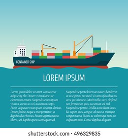 Vector seaway ocean delivery and shipping boat with text area. Ship in modern flat style for illustrations, poster, t-shirts, web sites and others. Vector illustration isolated on a blue background. 