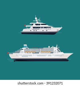 Vector seaway ocean transport passenger ships. Cool transatlantic cruise ship and motor yacht boat in trendy flat design