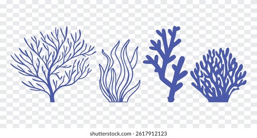 Vector seaweed clipart set featuring four unique coral silhouettes in blue. Perfect for ocean-themed designs, marine or underwater illustrations. Transparent background included.