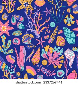 Vector Seaweed coral and algae seamless pattern on dark blue background. Seabed Plants and ocean shell repeat texture for fabric, cover, wallpaper or wrapping paper