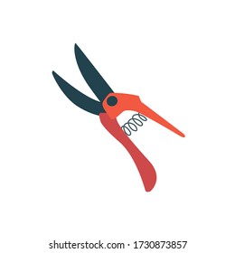 Vector secateurs, garden tool for cutting bushes. Orange and gray color isolated on a white background. Illustration in a flat style.