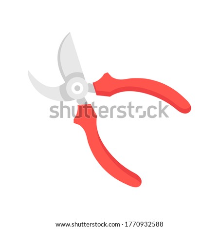 Vector secateurs icon. Red pruning shears, hand pruners, garden scissors. Flat design. Vector illustration isolated on white background