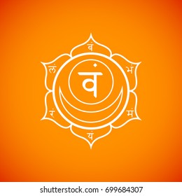 Vector second Svadhishthana sacral chakra with hinduism sanskrit seed mantra Vam and syllables on lotus petals. Outline contour white monochrome symbol orange background for meditation and yoga 
