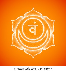 Vector second Svadhishthana sacral chakra sanskrit seed mantra Vam hinduism syllable lotus petals. Dot work tattoo style hand drawn white monochrome symbol on orange background for yoga practices.
