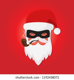 Vector Secret Santa Christmas illustration with Santa Claus in mask without face isolated on red. Xmas background.