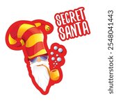 vector secret santa claus with sunglasses label or sticker isolated on white background. Secret santa gift png ideas concept illustration