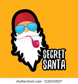 vector secret santa claus with sunglasses label or sticker isolated on orange background.