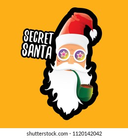 vector secret santa claus with sunglasses label or sticker isolated on orange background.