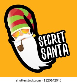 vector secret santa claus with sunglasses label or sticker isolated on orange background.