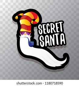 vector secret santa claus with sunglasses label or sticker isolated on transparent background. Secret santa gift ideas concept illustration