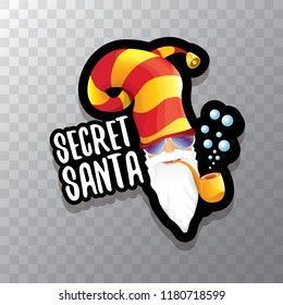 vector secret santa claus with sunglasses label or sticker isolated on transparent background. Secret santa gift ideas concept illustration
