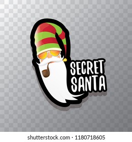 vector secret santa claus with sunglasses label or sticker isolated on transparent background. Secret santa gift ideas concept illustration