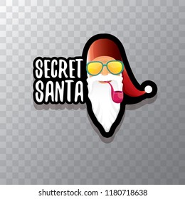 vector secret santa claus with sunglasses label or sticker isolated on transparent background. Secret santa gift ideas concept illustration