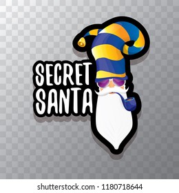 vector secret santa claus with sunglasses label or sticker isolated on transparent background. Secret santa gift ideas concept illustration