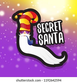 vector secret santa claus with sunglasses label or sticker isolated on violet background. Secret santa gift ideas concept illustration