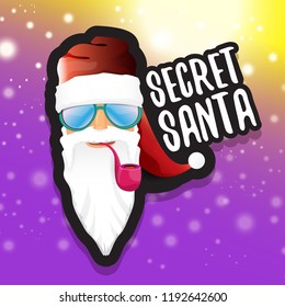vector secret santa claus with sunglasses label or sticker isolated on violet background. Secret santa gift ideas concept illustration