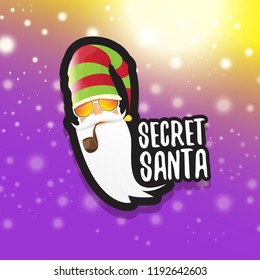 vector secret santa claus with sunglasses label or sticker isolated on violet background. Secret santa gift ideas concept illustration