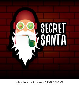 vector secret santa claus with sunglasses label or sticker isolated on brick wall background. Secret santa gift ideas concept illustration