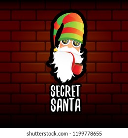 vector secret santa claus with sunglasses label or sticker isolated on brick wall background. Secret santa gift ideas concept illustration