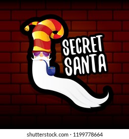 vector secret santa claus with sunglasses label or sticker isolated on brick wall background. Secret santa gift ideas concept illustration