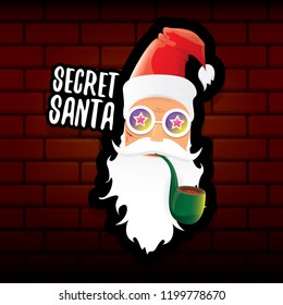 vector secret santa claus with sunglasses label or sticker isolated on brick wall background. Secret santa gift ideas concept illustration