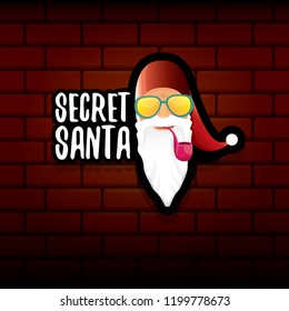 vector secret santa claus with sunglasses label or sticker isolated on brick wall background. Secret santa gift ideas concept illustration