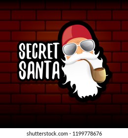 vector secret santa claus with sunglasses label or sticker isolated on brick wall background. Secret santa gift ideas concept illustration