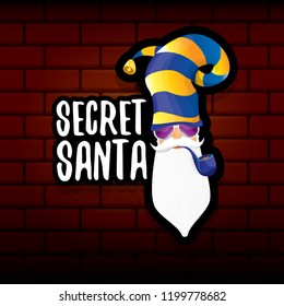 vector secret santa claus with sunglasses label or sticker isolated on brick wall background. Secret santa gift ideas concept illustration