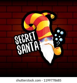 vector secret santa claus with sunglasses label or sticker isolated on brick wall background. Secret santa gift ideas concept illustration
