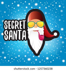 vector secret santa claus with sunglasses label or sticker isolated on blue background with snowflakes and lights. Secret santa gift ideas concept illustration