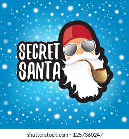 vector secret santa claus with sunglasses label or sticker isolated on blue background with snowflakes and lights. Secret santa gift ideas concept illustration