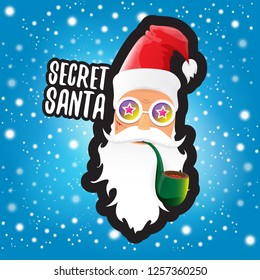 vector secret santa claus with sunglasses label or sticker isolated on blue background with snowflakes and lights. Secret santa gift ideas concept illustration