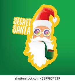 vector secret santa claus with sunglasses label or sticker isolated on green background. Secret santa gift ideas concept illustration