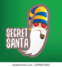 vector secret santa claus with sunglasses label or sticker isolated on green background. Secret santa gift ideas concept illustration