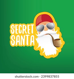 vector secret santa claus with sunglasses label or sticker isolated on green background. Secret santa gift ideas concept illustration