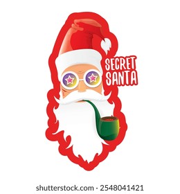 vector secret santa claus with sunglasses label or sticker isolated on white background. Secret santa gift png ideas concept illustration