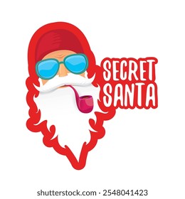 vector secret santa claus with sunglasses label or sticker isolated on white background. Secret santa gift png ideas concept illustration