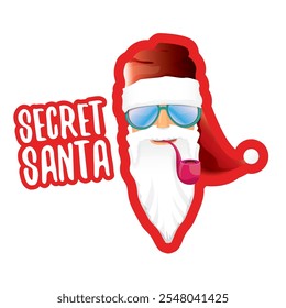 vector secret santa claus with sunglasses label or sticker isolated on white background. Secret santa gift png ideas concept illustration