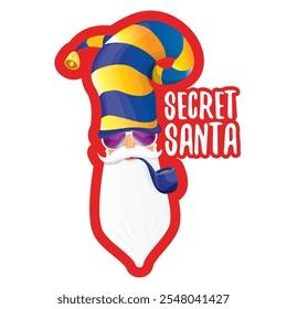 vector secret santa claus with sunglasses label or sticker isolated on white background. Secret santa gift png ideas concept illustration