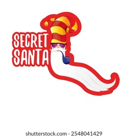 vector secret santa claus with sunglasses label or sticker isolated on white background. Secret santa gift png ideas concept illustration