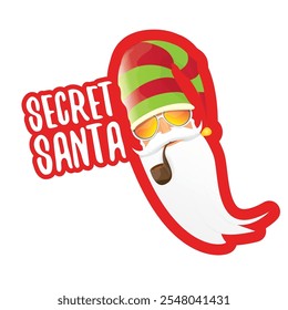 vector secret santa claus with sunglasses label or sticker isolated on white background. Secret santa gift png ideas concept illustration