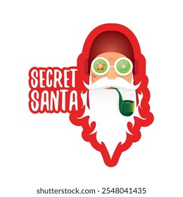 vector secret santa claus with sunglasses label or sticker isolated on white background. Secret santa gift png ideas concept illustration