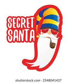 vector secret santa claus with sunglasses label or sticker isolated on white background. Secret santa gift png ideas concept illustration