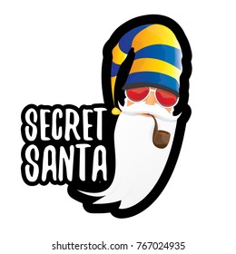 vector secret santa claus with sunglasses label or sticker isolated on white background. 