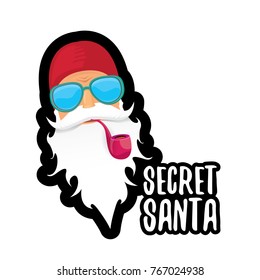 vector secret santa claus with sunglasses label or sticker isolated on white background. 